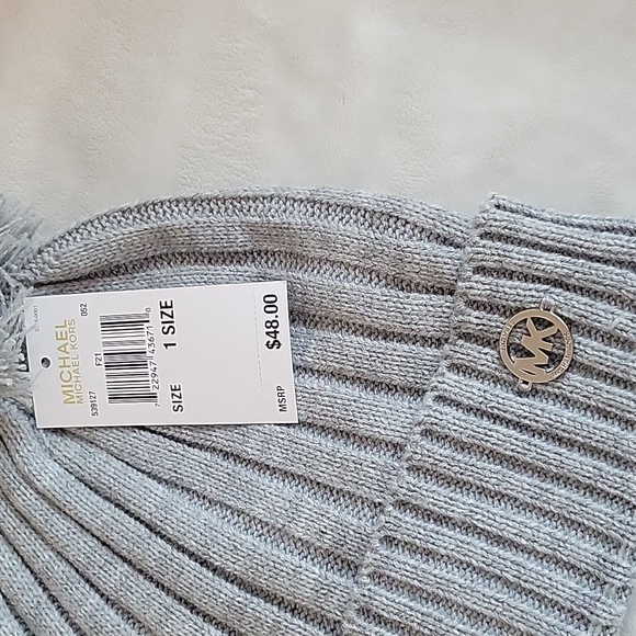 MK Ribbed Grey Beanie with Pom Pom - Picture 2 of 5